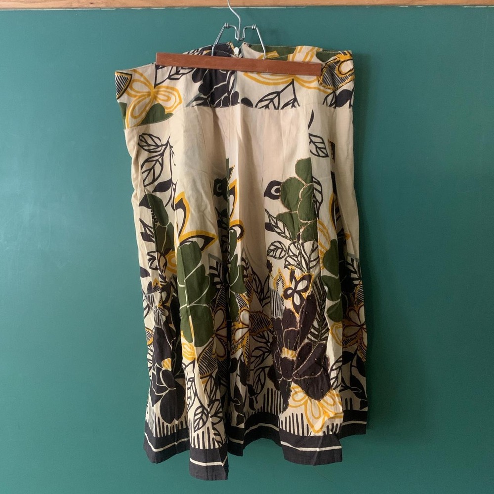 Willi Smith Floral Midi Skirt Yellow Green Black Cotton Size 10